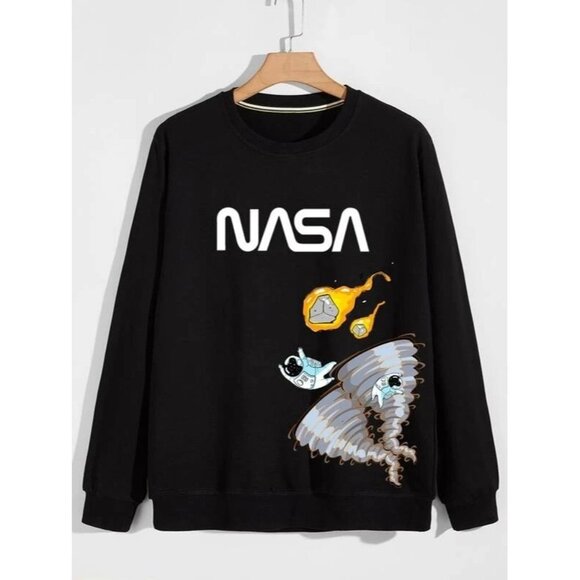 New Shein Men NASA Spaceman And‎ Letter Graphic Sweatshirt in Black - Size Small - Picture 1 of 8